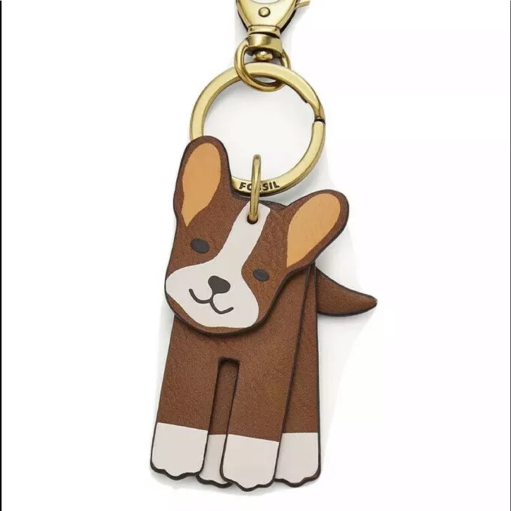 Fossil Brown & White Puppy Dog Keychain Fob - NEW